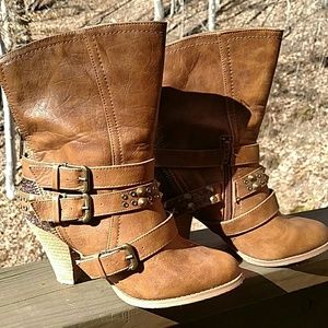 Brown faux leather studded boots